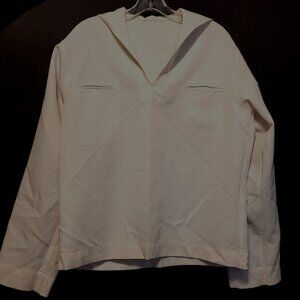 Vintage US Navy Enlisted Dress Jumper Cracker Jack White 42R Patches NMCB 5